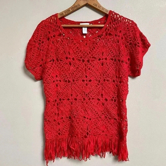 Chico’s Red Crochet Fringe Top Boho Festival Vacation Knit Blouse Size 0 Small - Picture 11 of 11